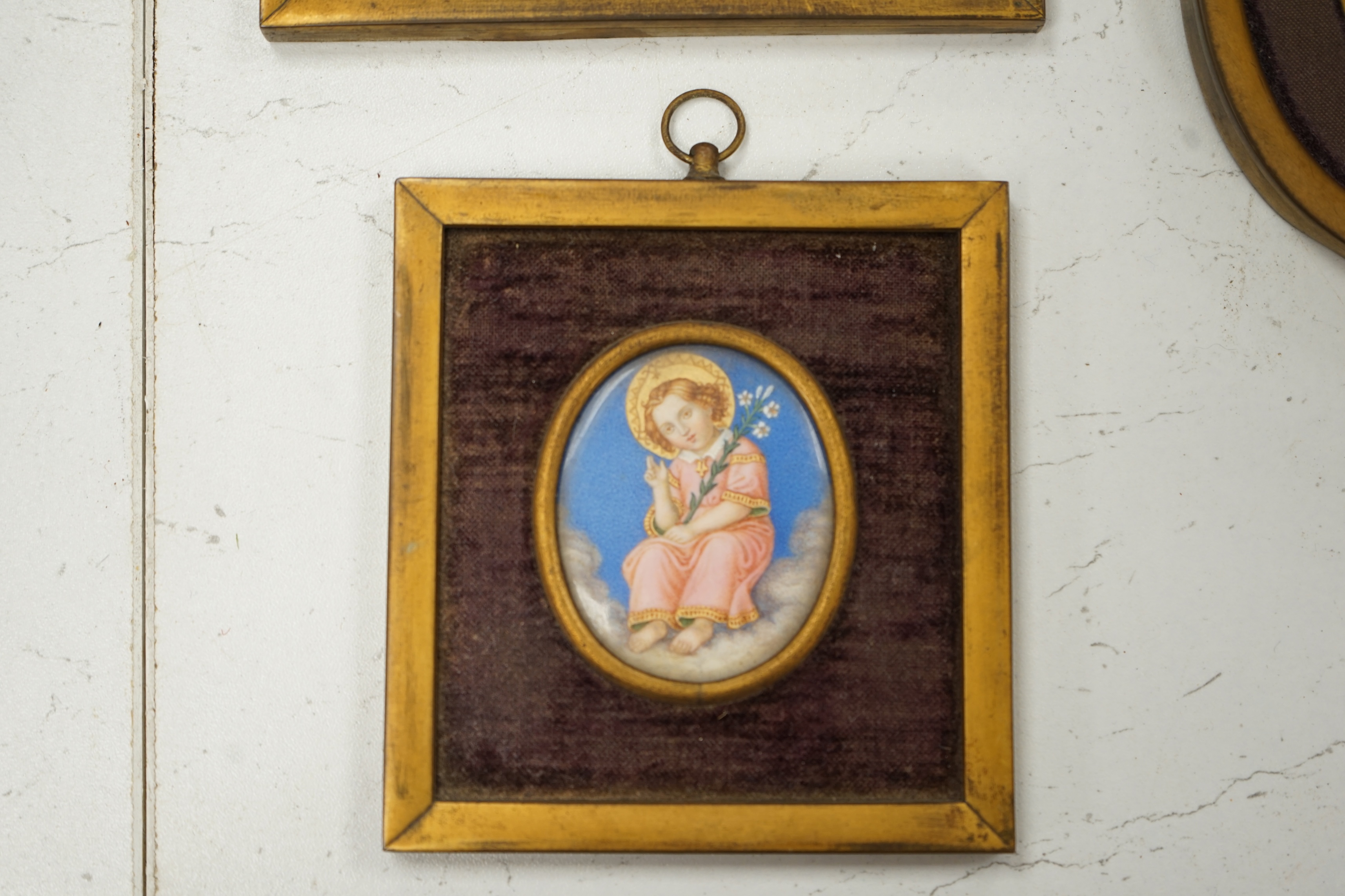 D. Alfonso M. Focacci (19th century Florentine school), three oils on ivory, each with ink inscriptions verso together with a Palais Royale gilt metal picture frame, largest 7 x 5.5cm. , CITES Submission References RX3LB